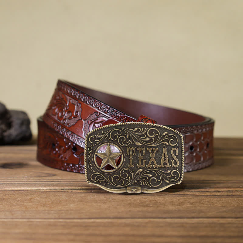 Men's DIY Texas Hollow Pentagrame Buckle Leather Belt