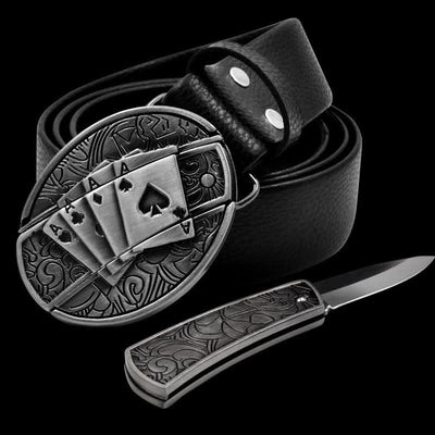 Men's Poker 4 Ace Leather Belt With Folding Knife