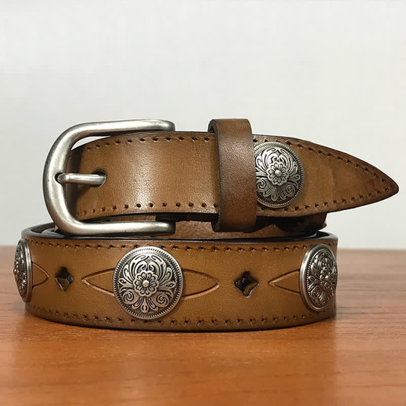 Vintage Round Carving Flower Rivet Leather Belt