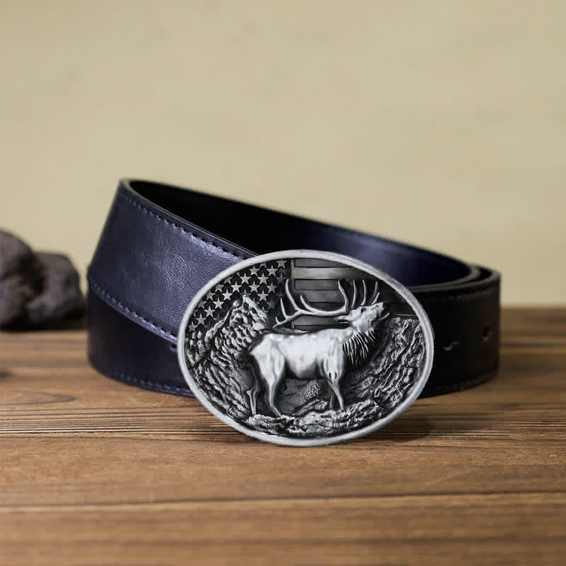 Men's DIY Elk Deer American Flag Buckle Leather Belt