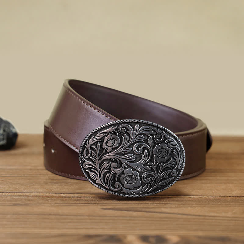 Men's DIY Classical Floral Oval Buckle Leather Belt