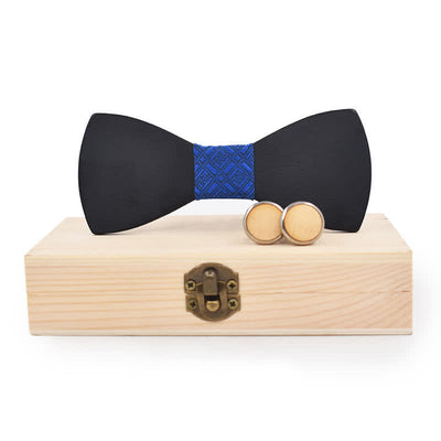 2Pcs Men's Black Wooden Bow Tie Cufflinks Set