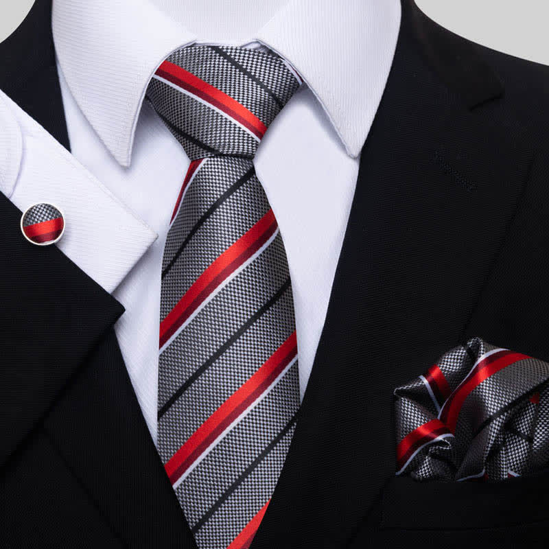 3Pcs Men's Gray & Red Striped Necktie Set