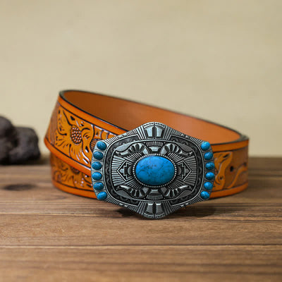 Men's DIY Artificial Turquoise Bohemia Buckle Leather Belt