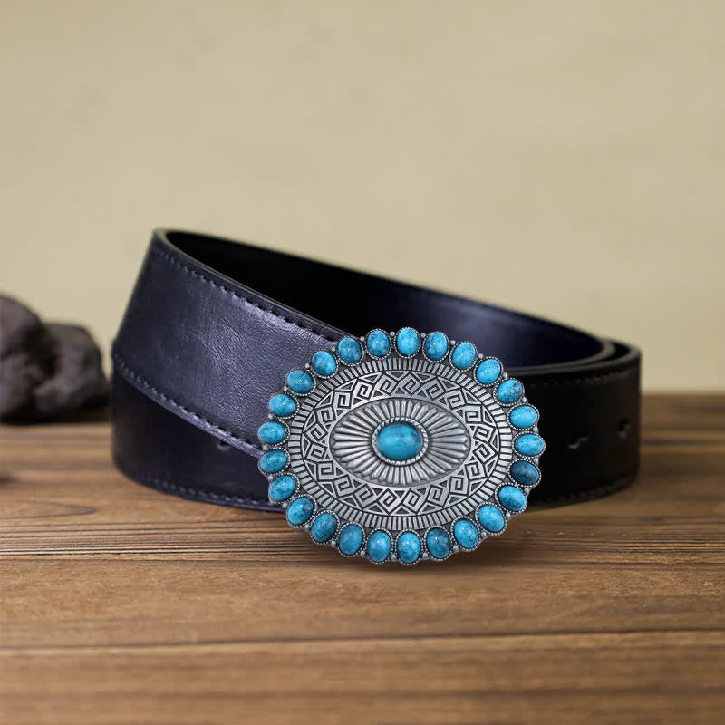 Men's DIY Oval Bohemia Turquoise Buckle Leather Belt