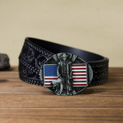 Men's DIY American Flag Cowboy Buckle Leather Belt