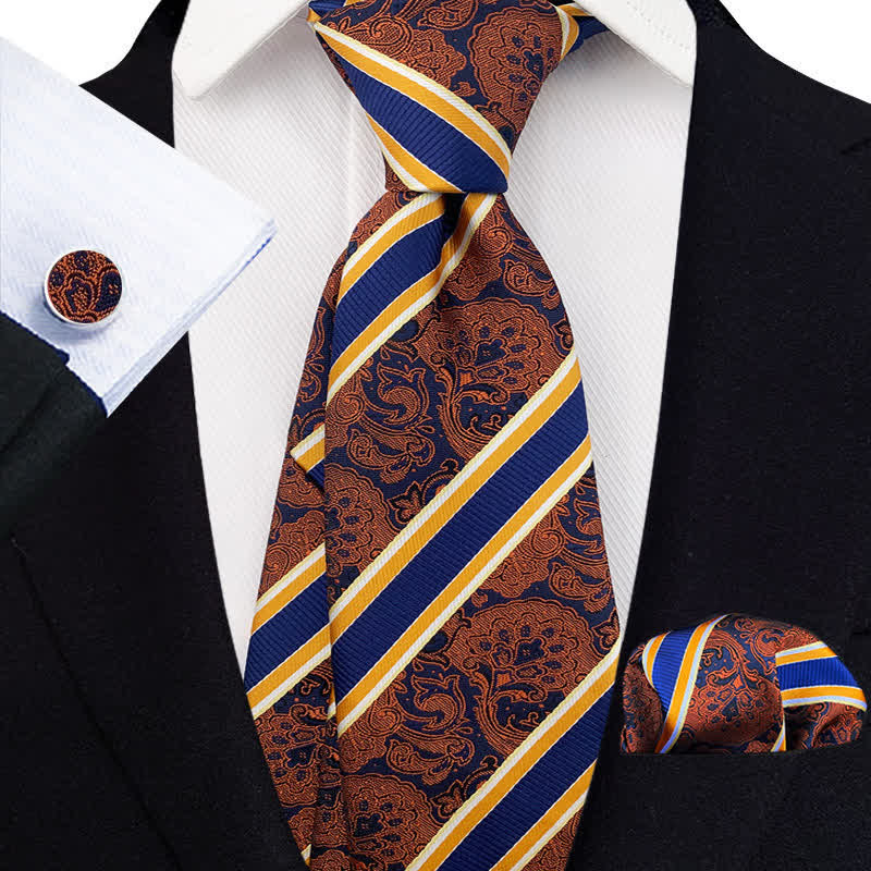 3Pcs Men's DarkOrange & Navy Striped Paisley Necktie Set