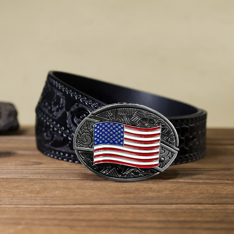 Men's DIY American Flag Hidden Folding Knife Leather Belt