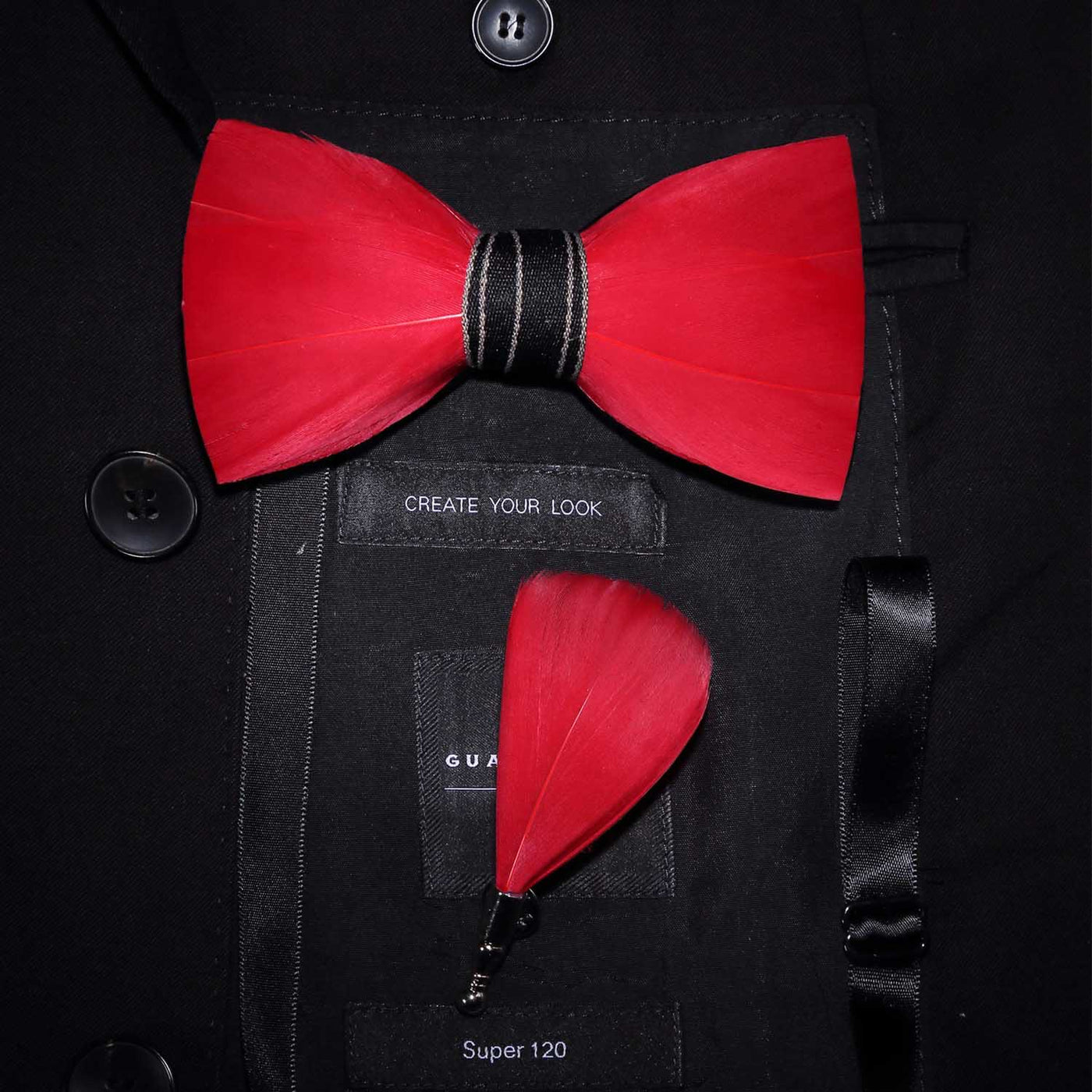 Solid Red Classic Feather Bow Tie with Lapel Pin