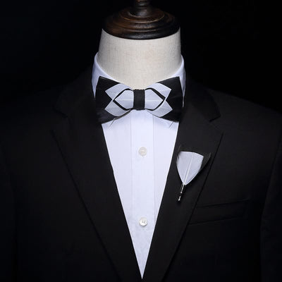 White & Black Understated  Feather Bow Tie with Lapel Pin