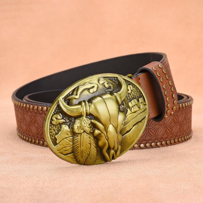 Men's Bull Head Buckle Rivet Decor Leather Belt