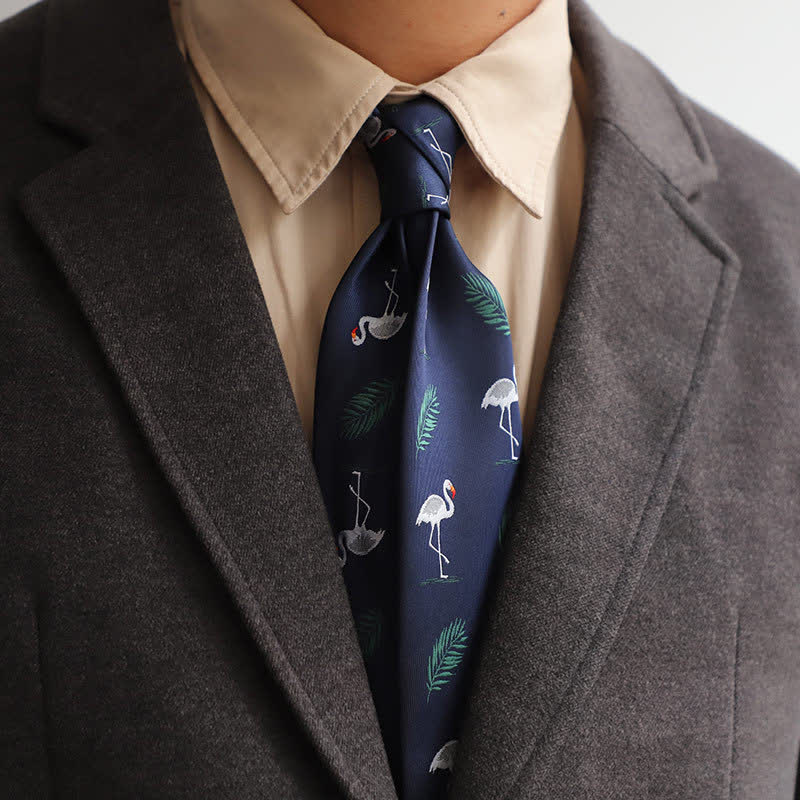 Men's Navy Blue Tropical Style Flamingo Necktie