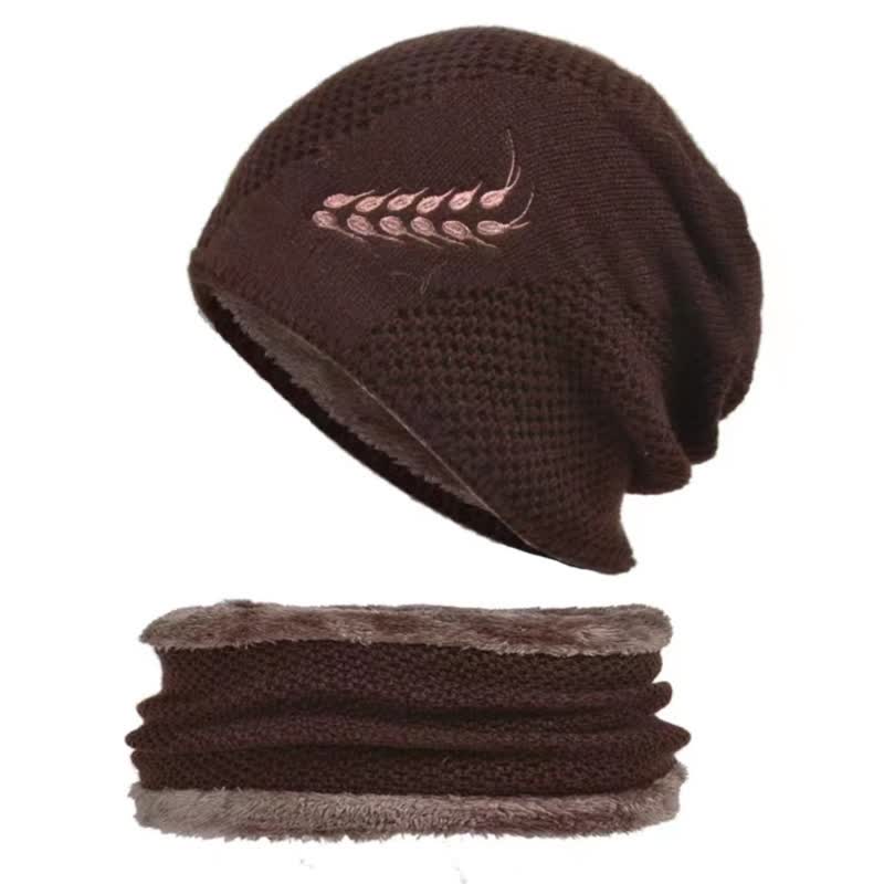 2Pcs Embroidered Wheat Beanie Hat Neck Warmer Set