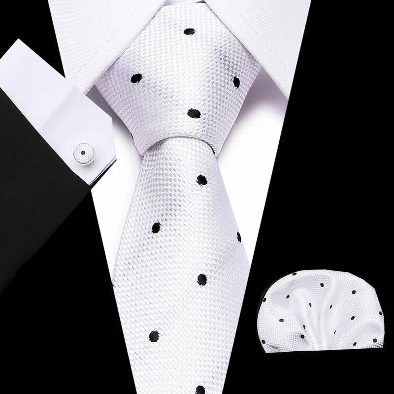 3Pcs Men's White & Black Fine Point Polka Necktie Set