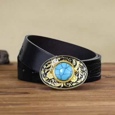 Men's DIY Gold Tone Faux Turquoise Ruby Buckle Leather Belt