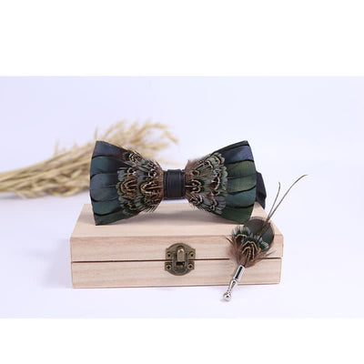 Primordial Forest Green Feather Bow Tie with Lapel Pin