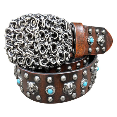 Tiger Head Faux Turquoise Gem Rivet Leather Belt