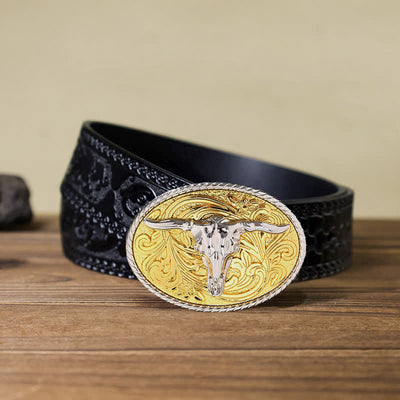 Men's DIY Shining Golden Bull Head Buckle Leather Belt