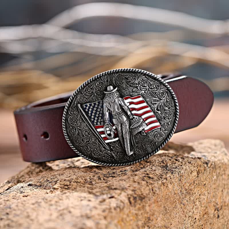 Men's DIY Cowboy American Flag Buckle Leather Belt