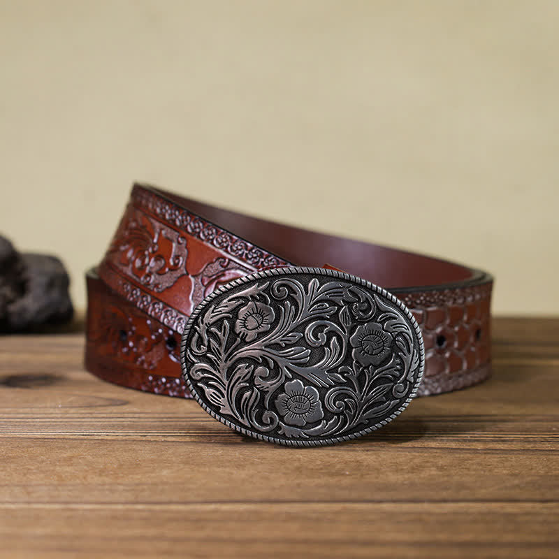 Men's DIY Classical Floral Oval Buckle Leather Belt