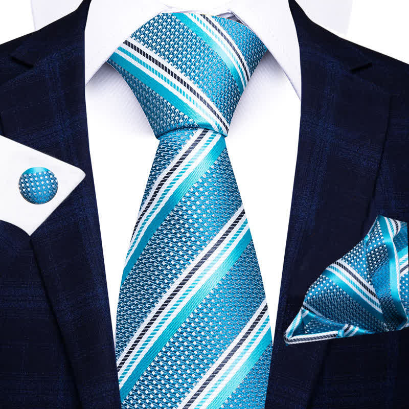 Turquoise & Aqua Blue 3Pcs Men's Striped Necktie Set