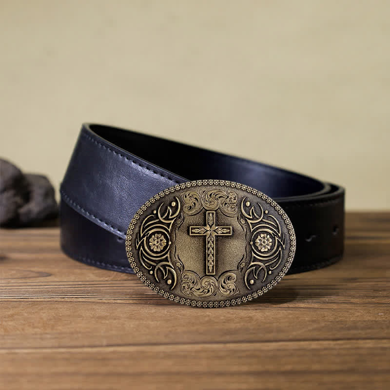Men's DIY Faith Cross Floral Buckle Leather Belt
