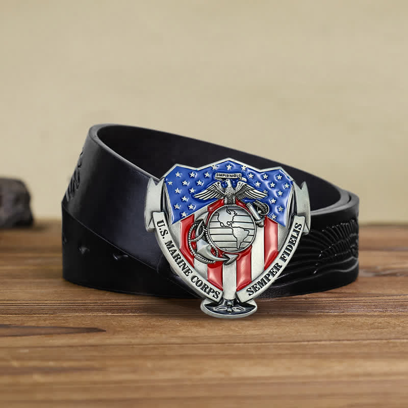 Men's DIY USA Marine Flag Buckle Leather Belt