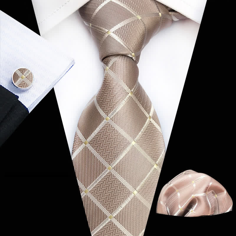 3Pcs Men's Elegant Beige Plaid Necktie Set