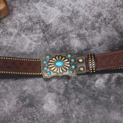 Men's Western Turquoise Stone Embellishment Leather Belt