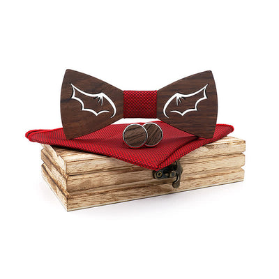 3Pcs Men's Demon Wings Wooden Bow Tie Set