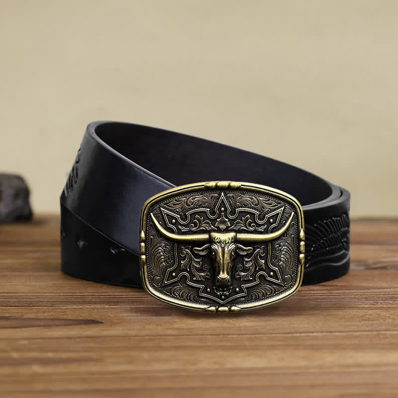 Men's DIY Raised Longhorn Bull Buckle Leather Belt