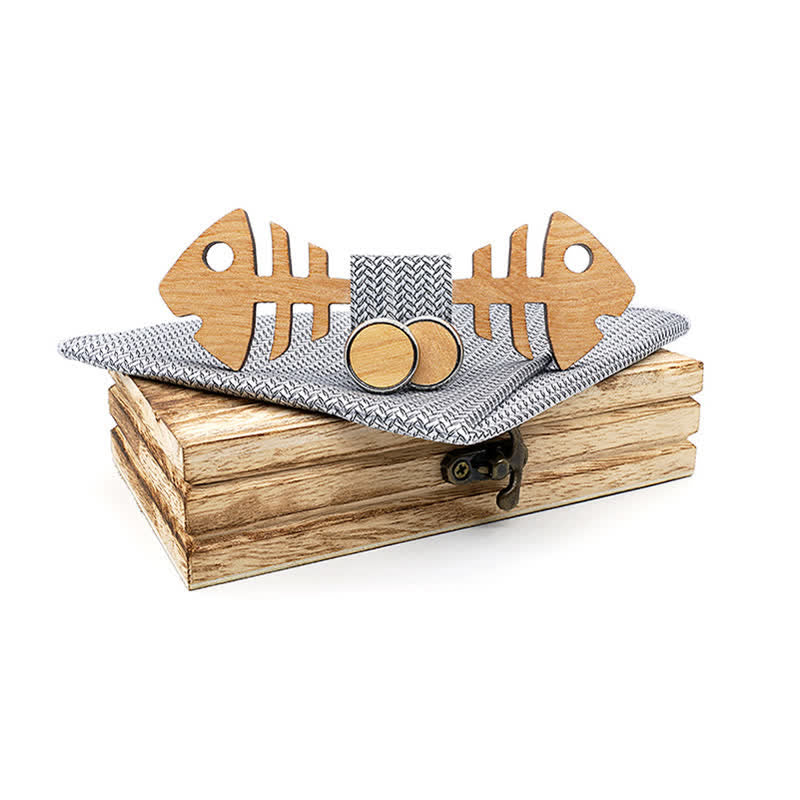 3Pcs Men's Fishbone Wooden Bow Tie Set