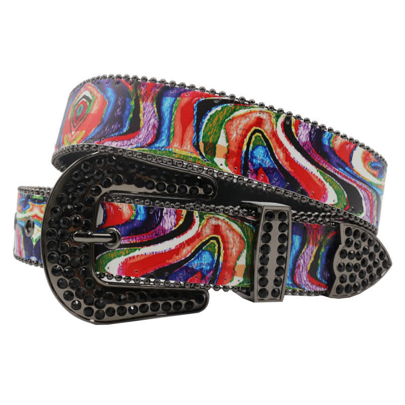 Graffiti Rainbow Printed Rhinestones Buckle Leather Belt