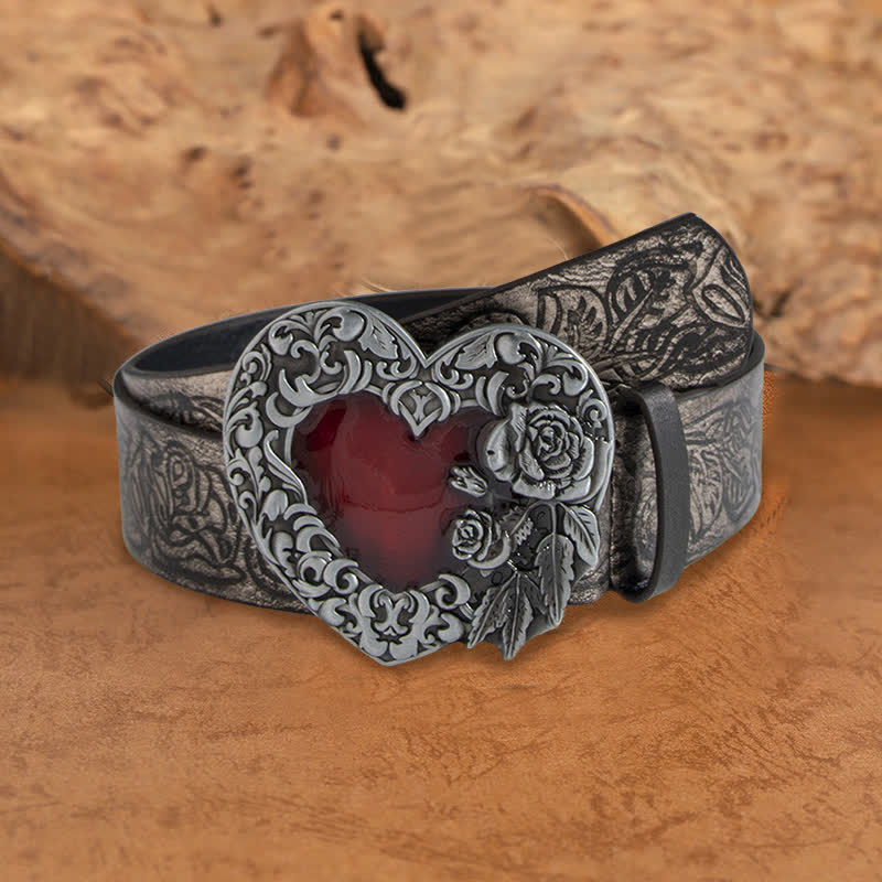 Women's Embossed Rose Red Enamel Heart Leather Belt