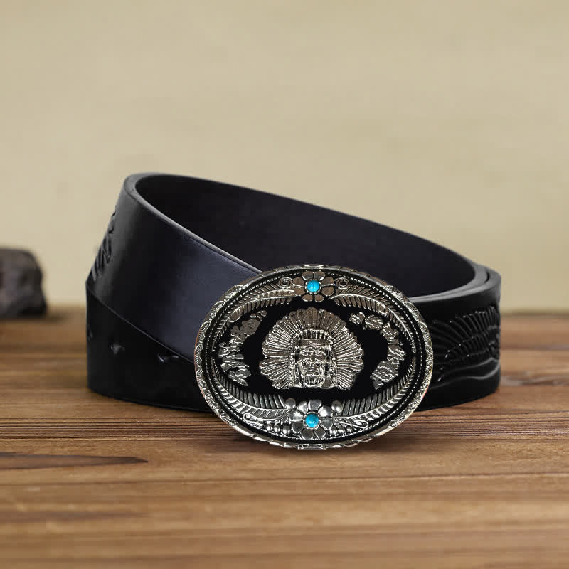 Men's DIY Indian Chief Turquoise Buckle Leather Belt