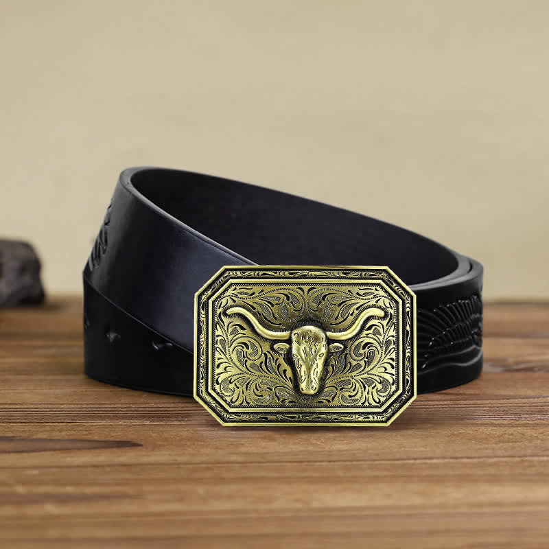 Men's DIY Simple Longhorn Bull Head Buckle Leather Belt