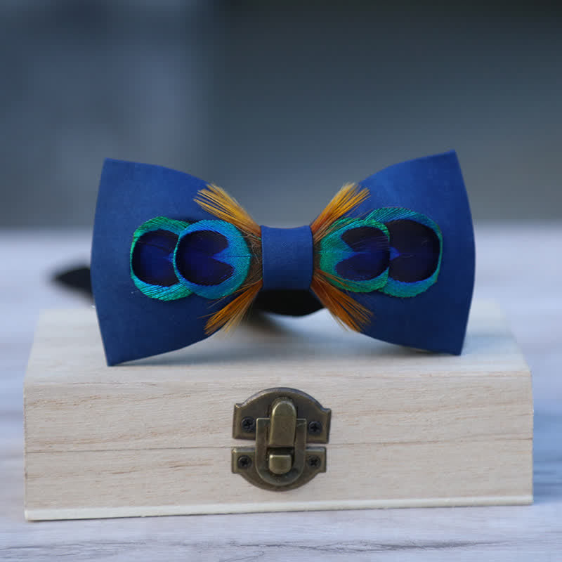 Navy Blue Peacock Tail Big Eye Feather Bow Tie