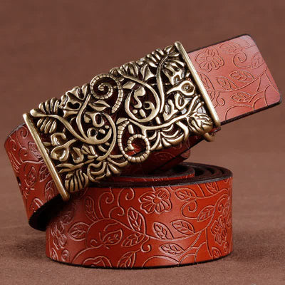 Women's Retro Embossed Hollow Flower Buckle Leather Belt