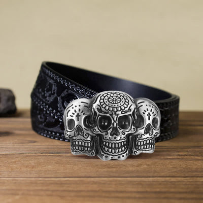 Men's DIY Triple Skull Head Buckle Leather Belt