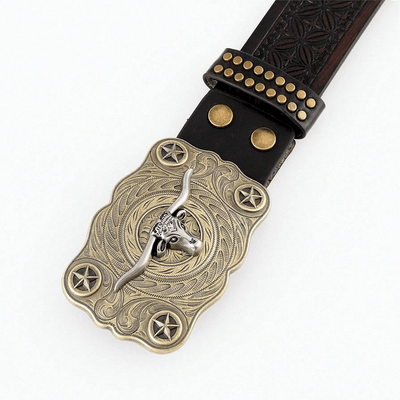 Men's Longhorn Bull Head Studded Decor Leather Belt