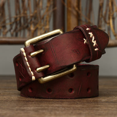 Men's Distressed Double Needle Buckle Leather Belt