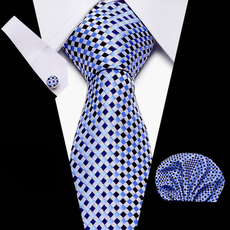 3Pcs Men's Blue & Black Woven Checked Necktie Set