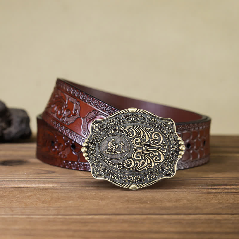 Men's DIY Religious Cross Pattern Buckle Leather Belt