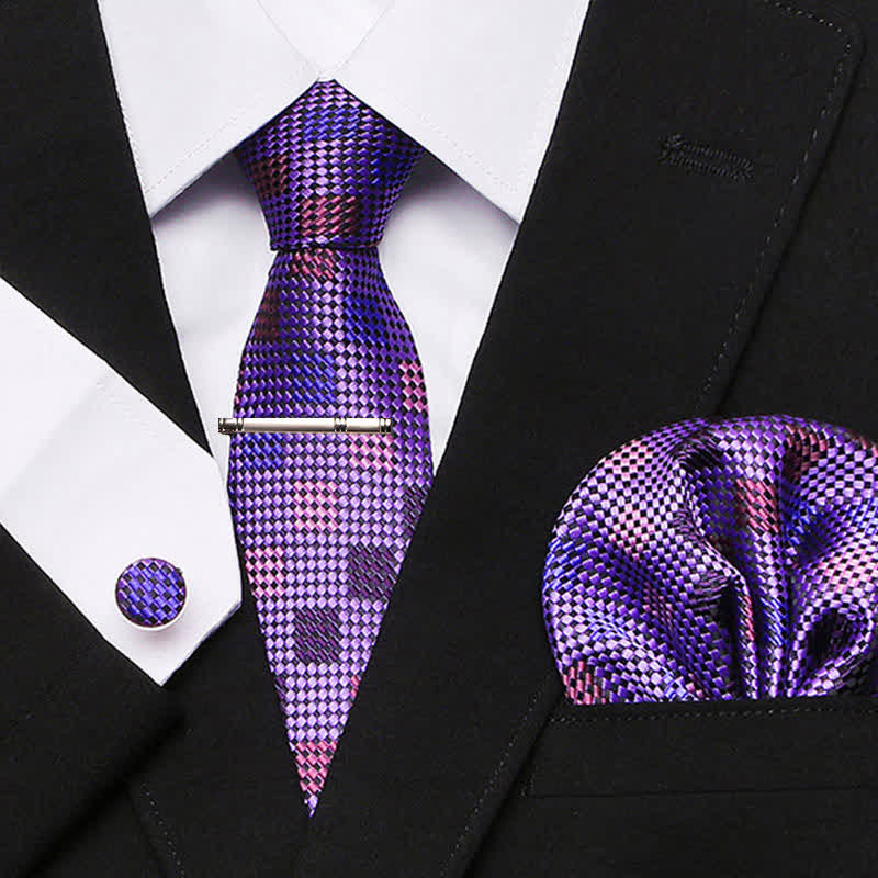 4Pcs Purple Men's Fantasy Mosaic Plaid Necktie Set