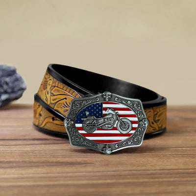 Men's DIY Motorcycle USA Flag Skull Buckle Leather Belt