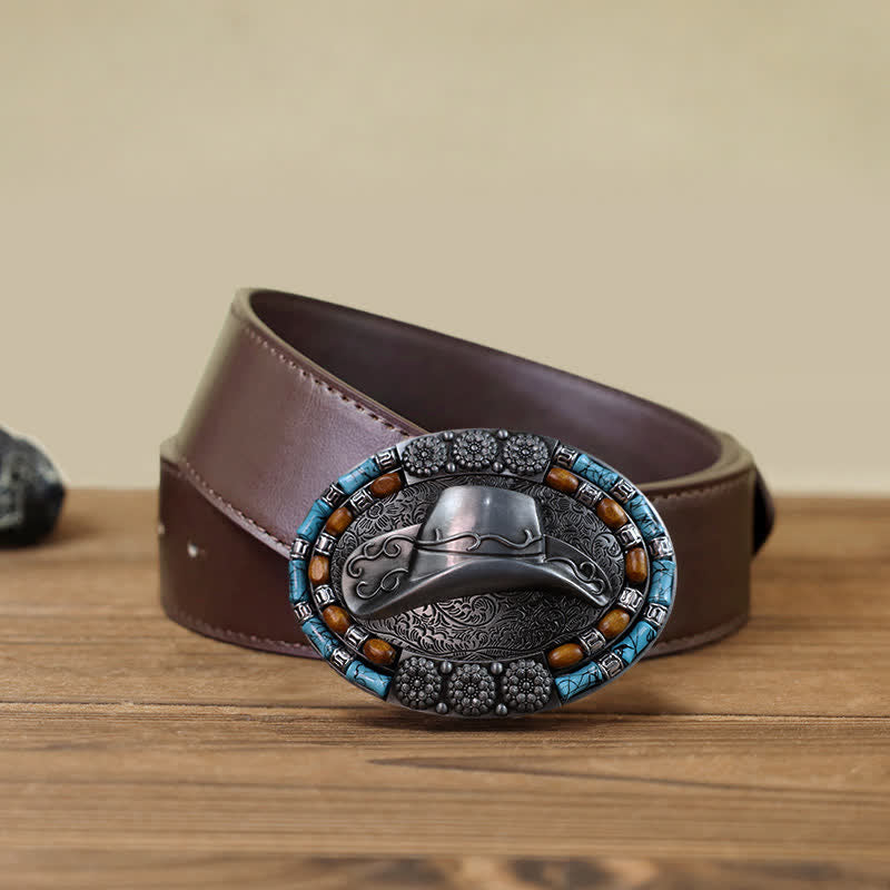 Men's DIY Cowboy Hat Turquoise Stone Buckle Leather Belt