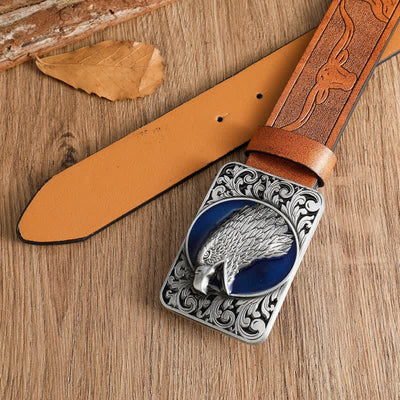 Men's Rectangular Bald Eagle Head Western Leather Belt