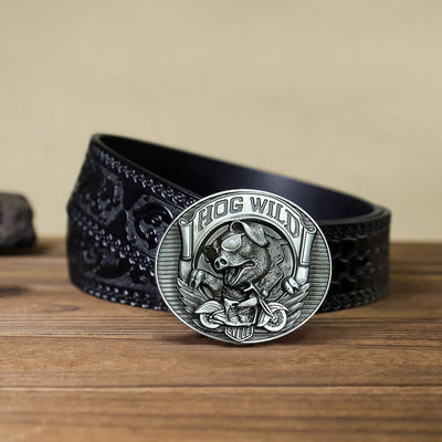 Men's DIY Hog Wild Motorcycle Pig Buckle Leather Belt