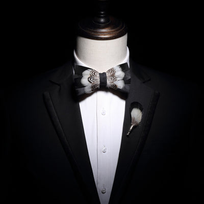 Black & White Tiger Print Feather Bow Tie with Lapel Pin