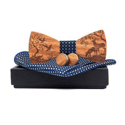 3Pcs Men's Fancy Christmas Elk Wooden Bow Tie Set